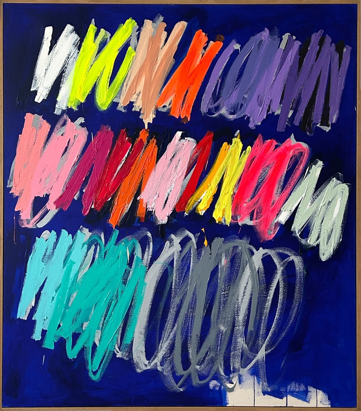 Christina Gschwantner abstract painting with blue background and colorful scribbles