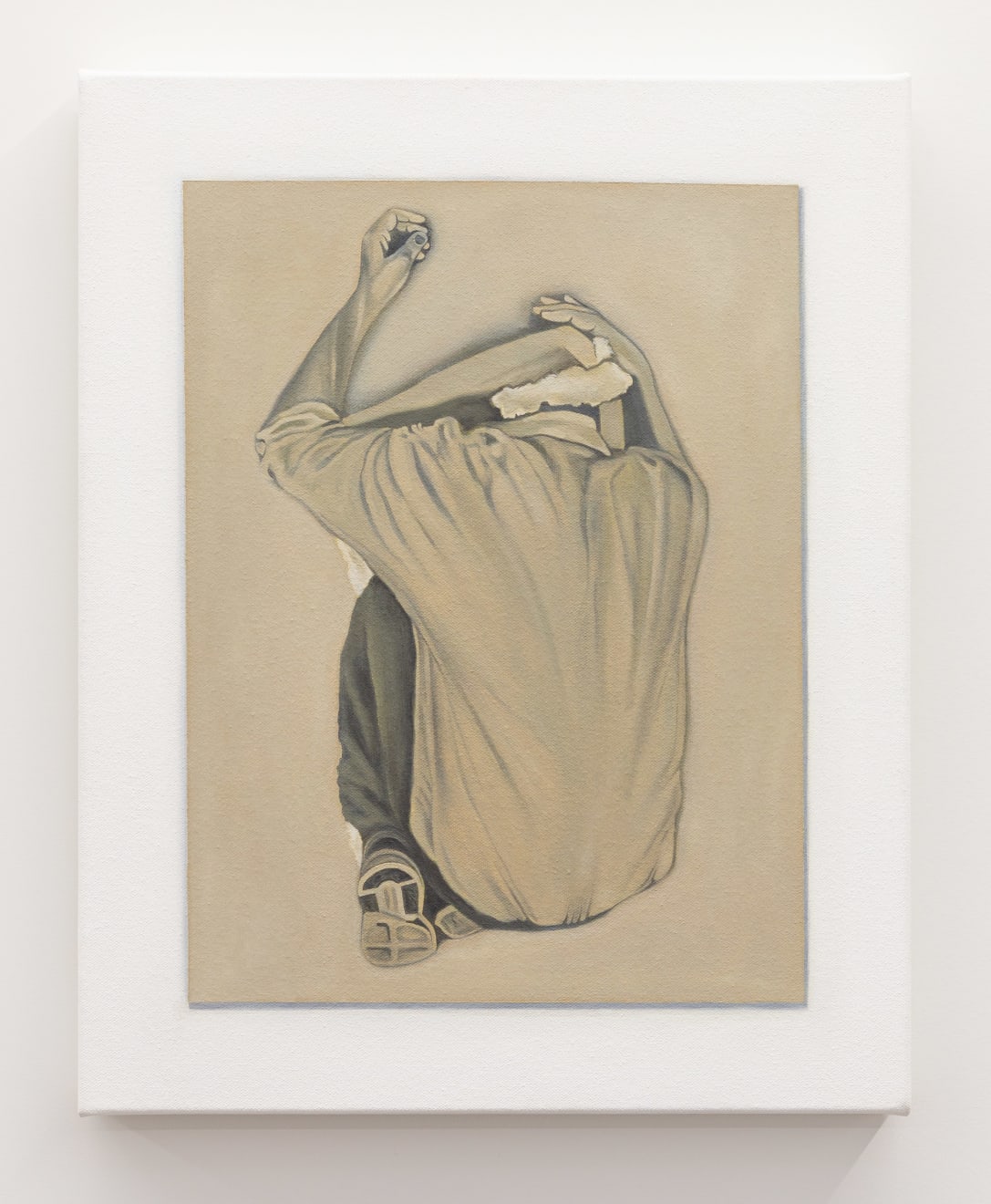 Jesse Hogan, Simulated Surface - Reproduction Painting of A3 Xerox of Brian Fuata on Natural Recycled Paper / From 'Wrong Solo': Wrestling / Resting, performance documentation, improvisation 5/3/17, Artspace Studios, Sydney. Photograph: Ella Sutherland Courtesy the artists, 2017, 2022