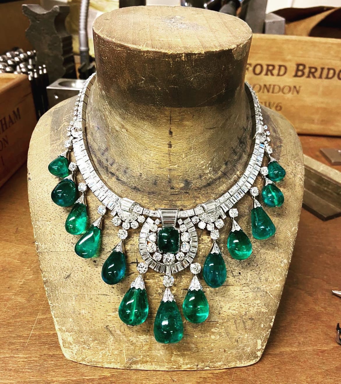 *, A Colombian emerald and diamond fringe necklace, circa 1950 ...