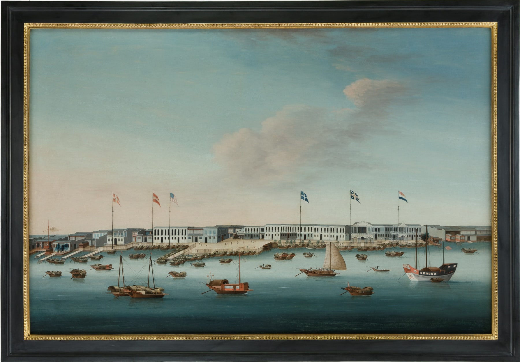 Unknown Chinese Artist, Pair of Chinese Export Paintings: ‘The Whampoa Anchorage on the Pearl River’ and ‘The Hongs of the Canton Waterfront’