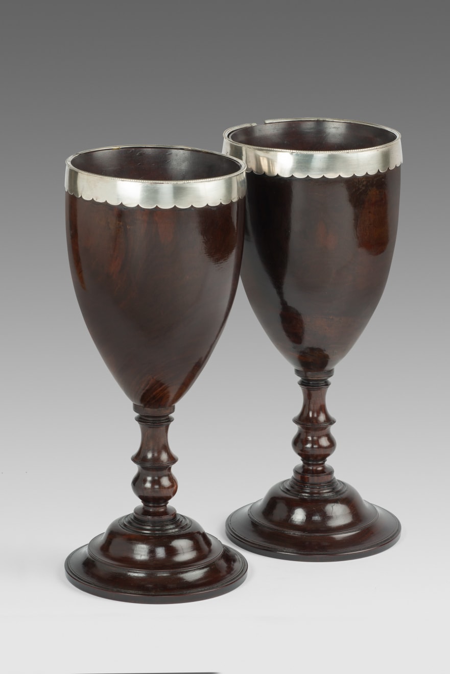 Pair of Large Georgian Lignum Vitae Loving Cups mounted with silver rims