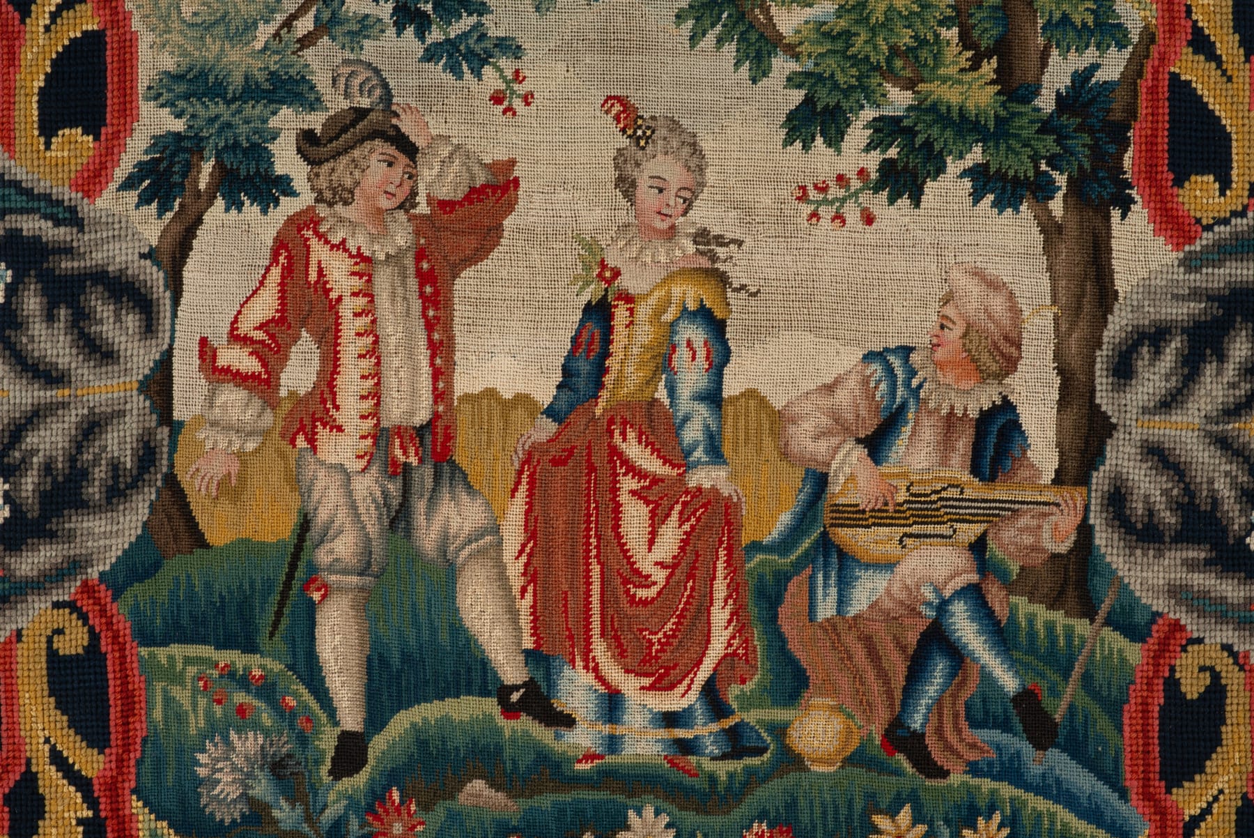 Needlework Picture - Minstrel Playing to a Dancing Couple