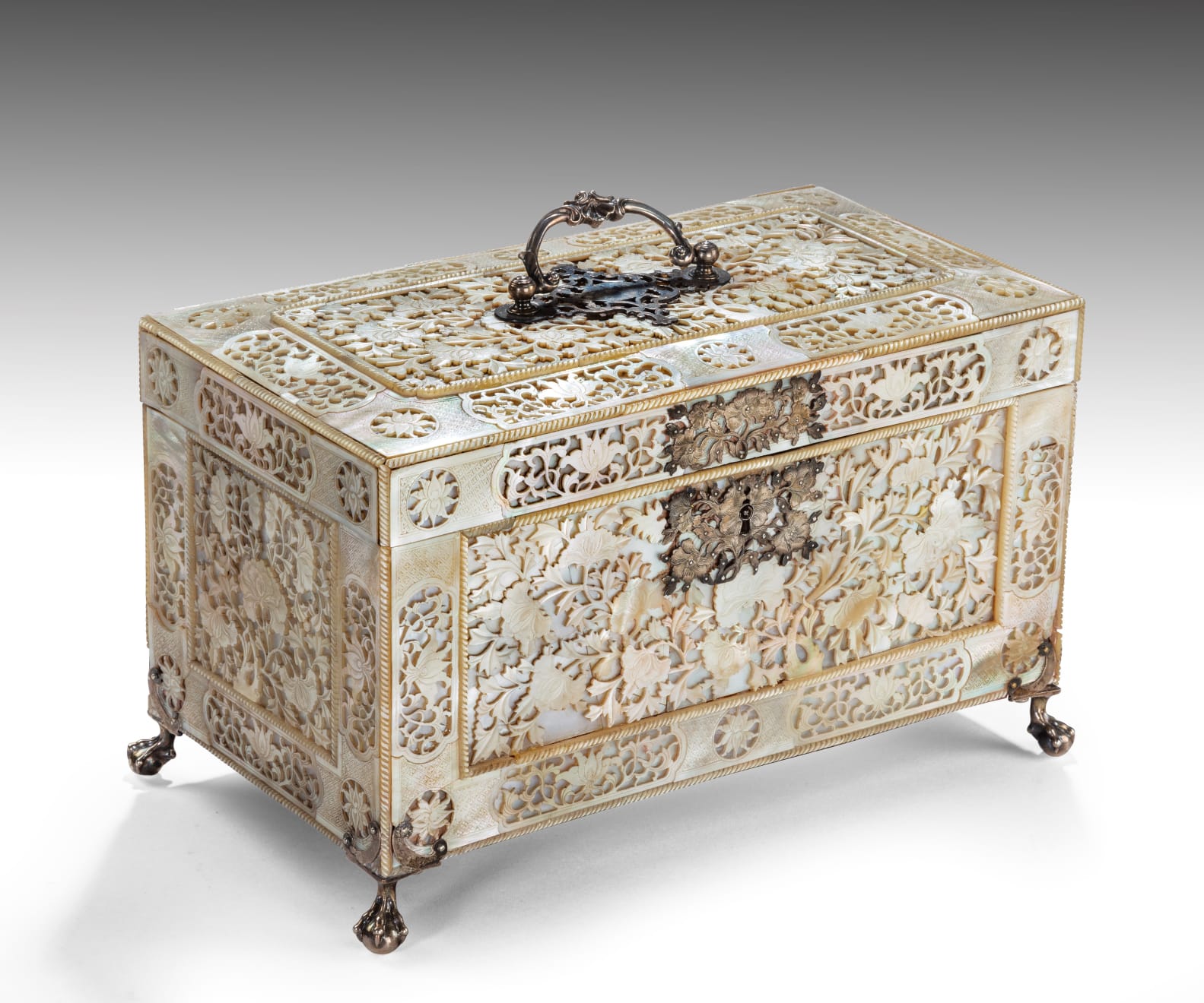 antique Coulborn Mid 18th Century Fretwork Mother of Pearl Tea Casket