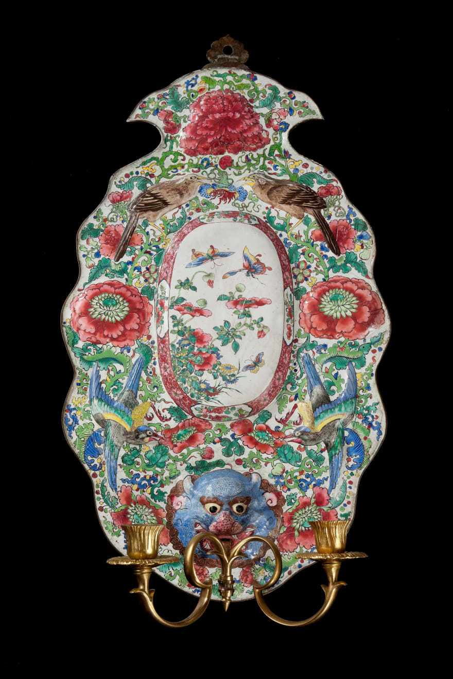 Pair of Royal Canton Enamel Wall Sconces