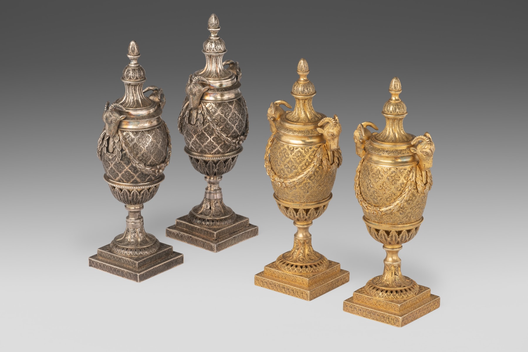 Two Pairs of Anglo-Indian Filigree Silver and Parcel Gilt Cassolettes after the model by Matthew Boulton