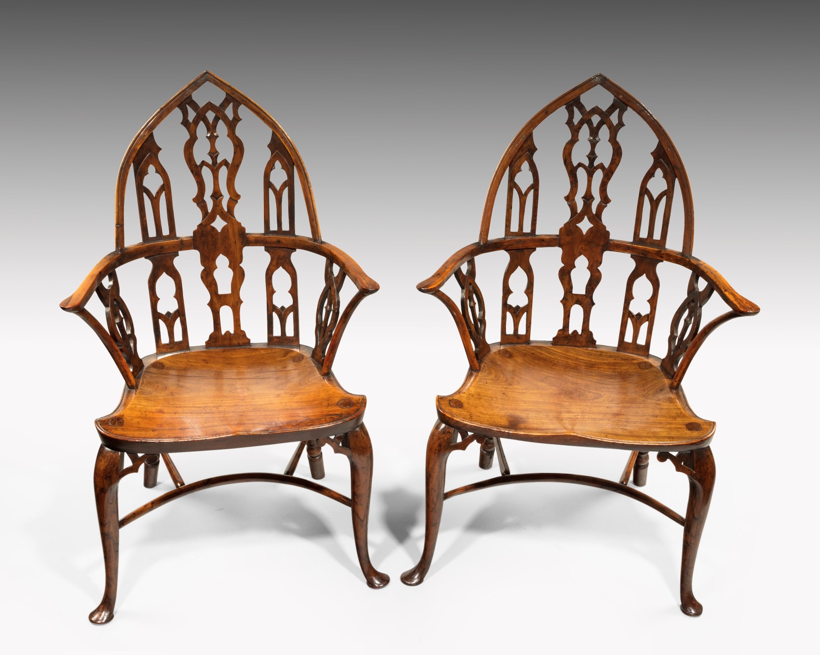 Pair of George II Yew Gothic Windsor Armchairs