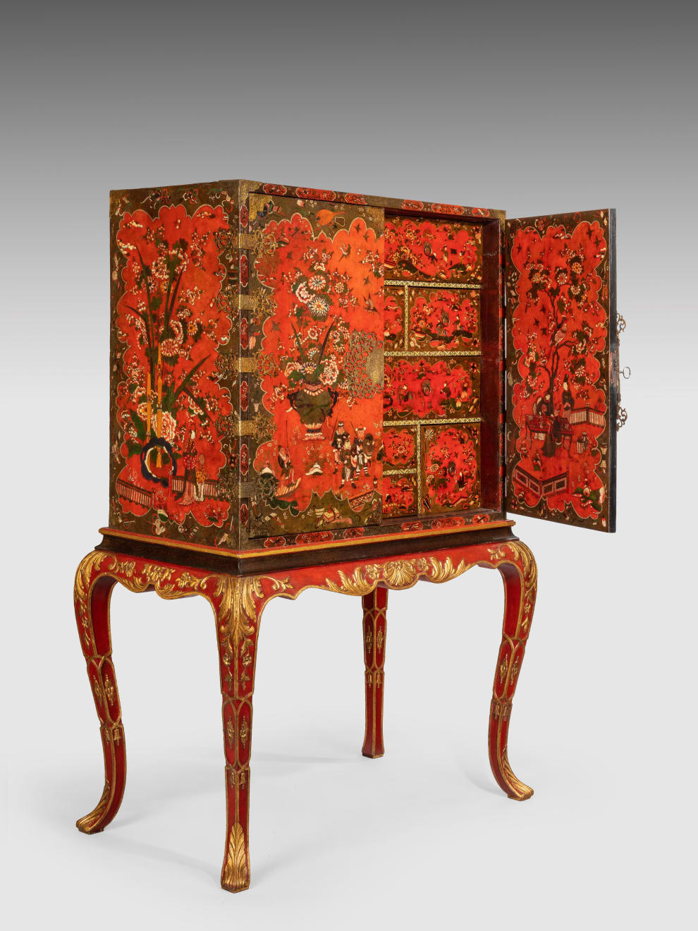 Late 17th Century Scarlet Japanned Cabinet on a later painted stand
