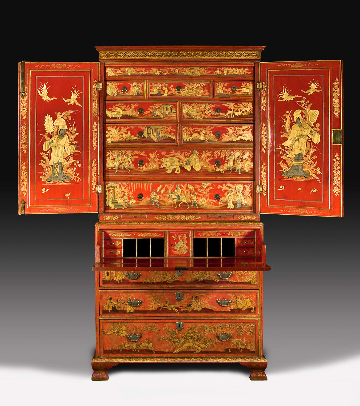 Coulborn antiques George II Scarlet Gilt-japanned Secretaire Cabinet Giles Grendey Lazcano