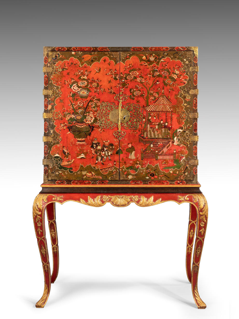 Coulborn antique Late 17th Century Scarlet Japanned Cabinet on a later painted stand