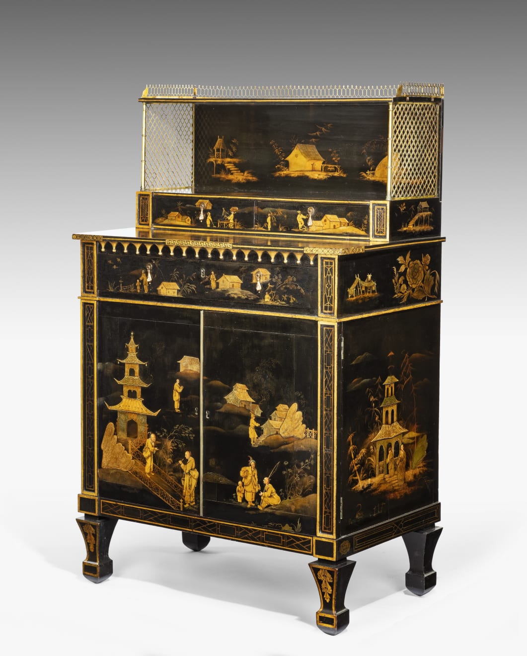 Regency Black and Gilt Japanned Secretaire Side Cabinet Thomas