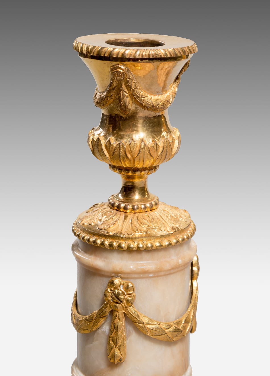 Pair of Ormolu Mounted Nottinghamshire Alabaster Candlesticks by Matthew Boulton