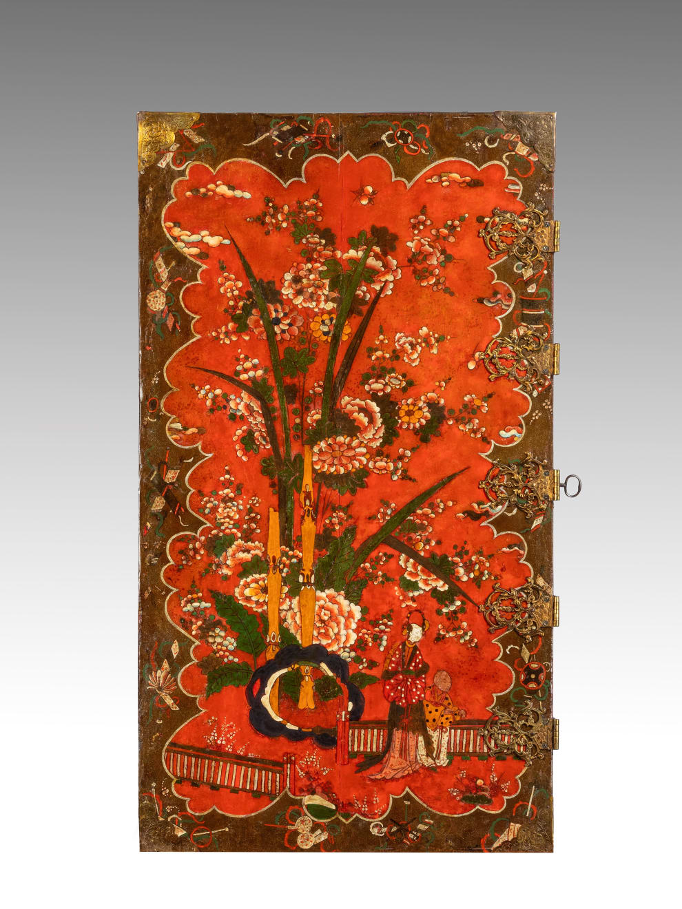 Late 17th Century Scarlet Japanned Cabinet on a later painted stand