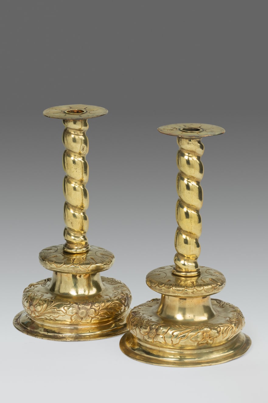 Pair of 17th Century Brass Repousse Candlesticks