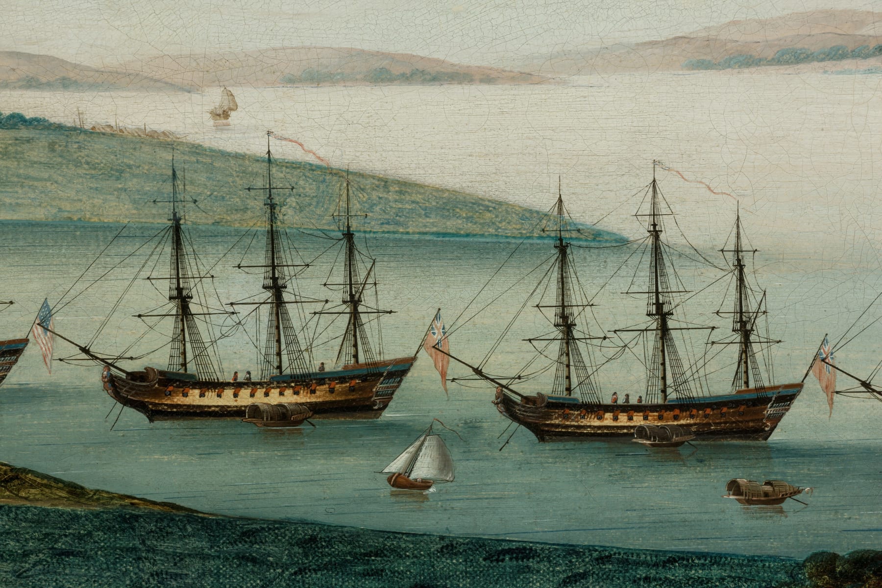 Unknown Chinese Artist, Pair of Chinese Export Paintings: ‘The Whampoa Anchorage on the Pearl River’ and ‘The Hongs of the Canton Waterfront’