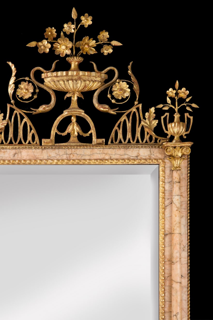 A Pair of Spanish Neoclassical Gilt-Gesso and Pink Marble Bilbao Wall Mirrors