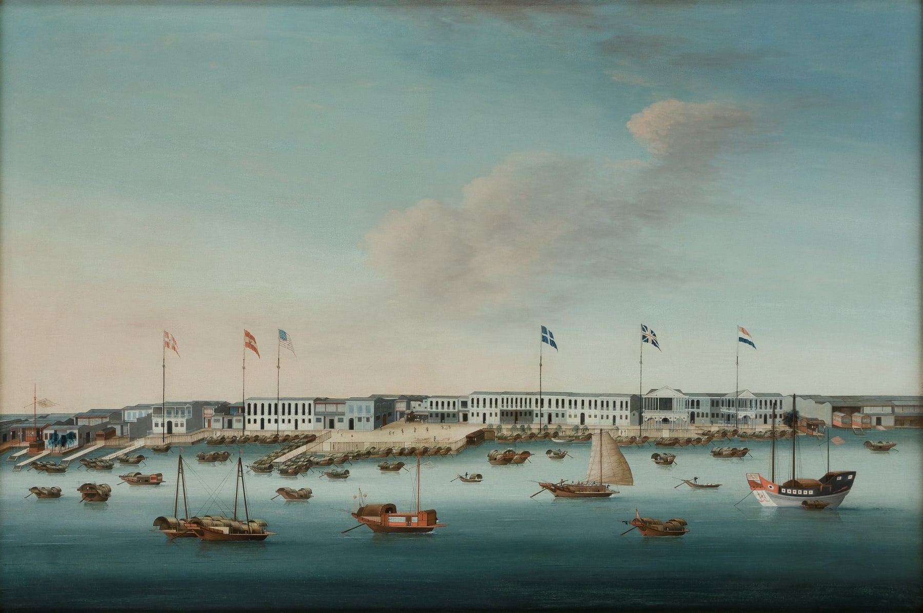 Unknown Chinese Artist, Pair of Chinese Export Paintings: ‘The Whampoa Anchorage on the Pearl River’ and ‘The Hongs of the Canton Waterfront’