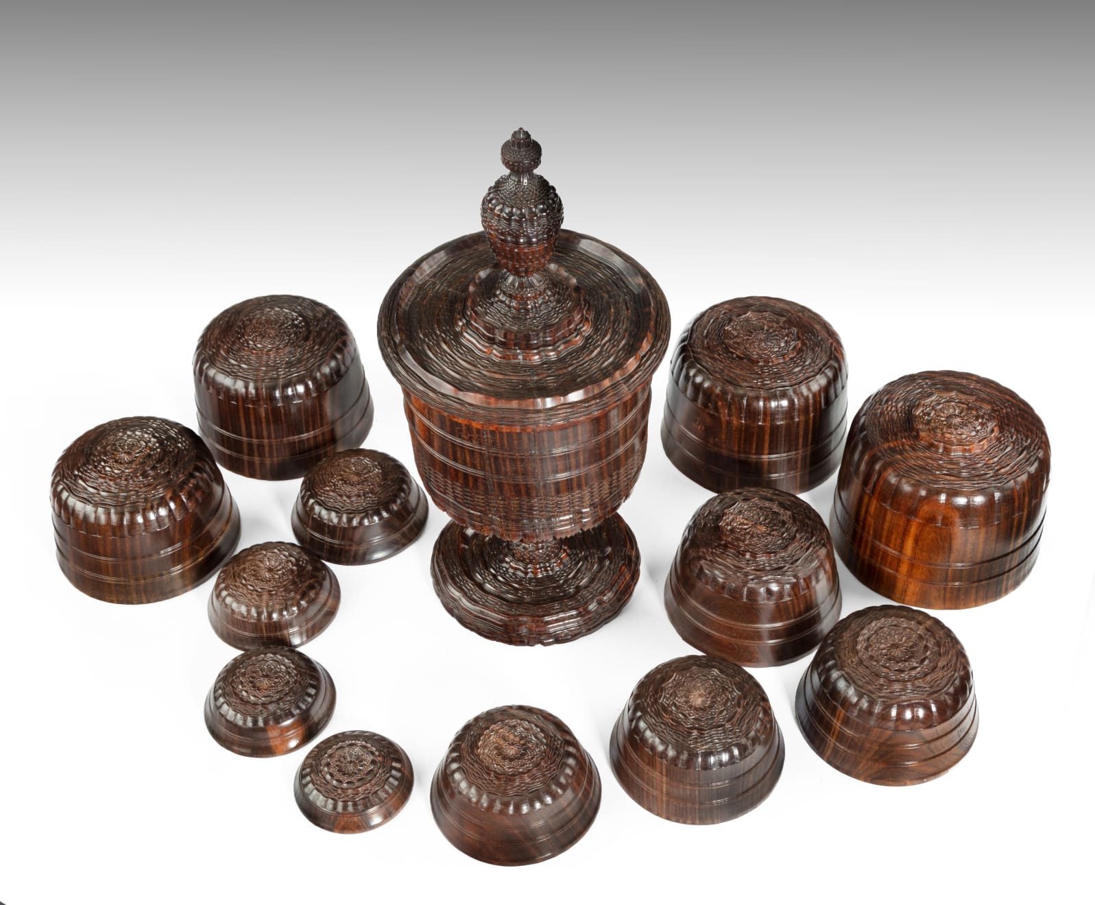 Coulborn antique 17th century Engine Turned Lignum Vitae Standing Cup and Cover and 12 dipping cups