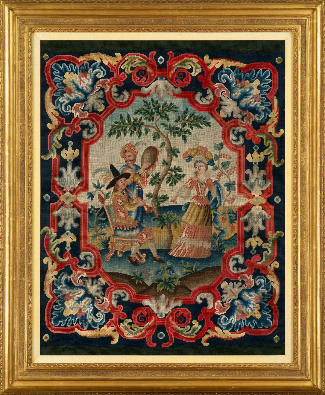 Needlework Picture - Two Musicians Entertaining a Lady