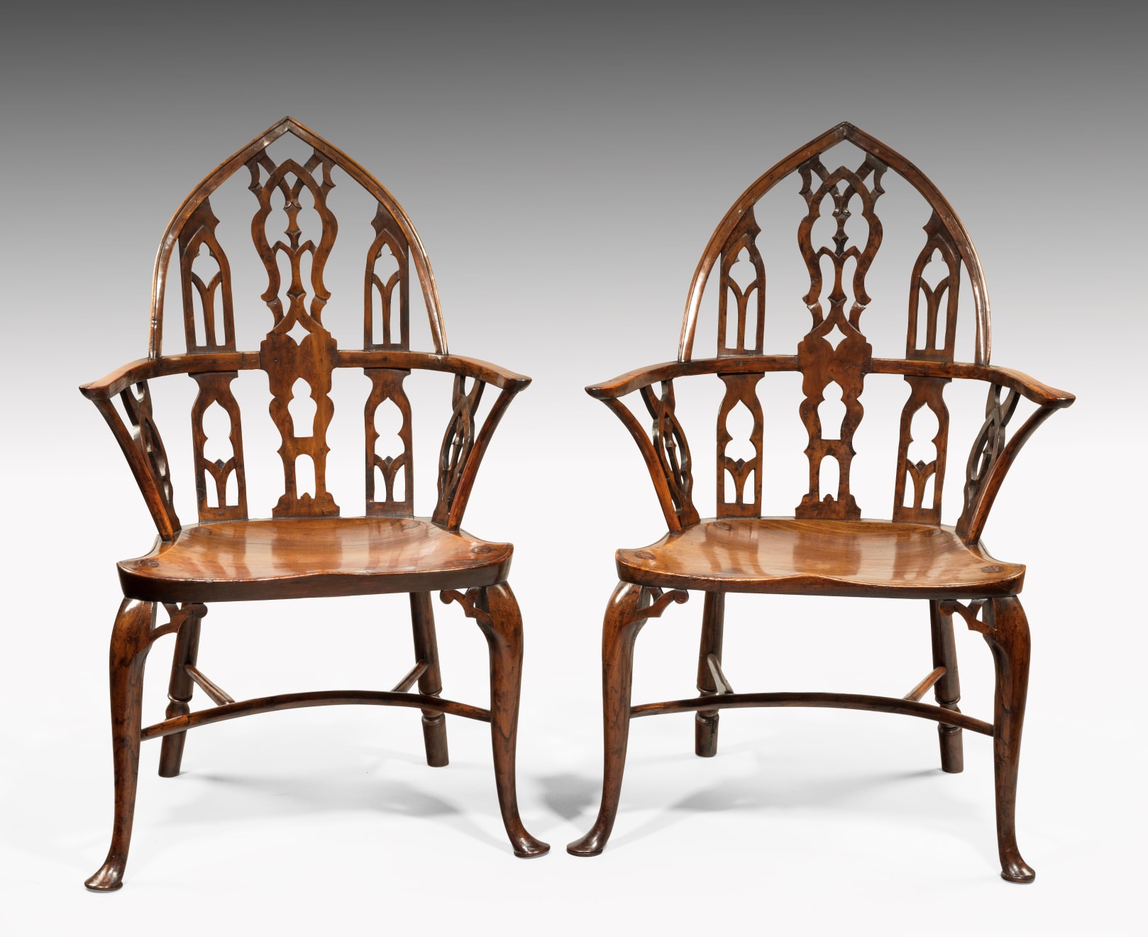 Pair of George II Yew Gothic Windsor Armchairs