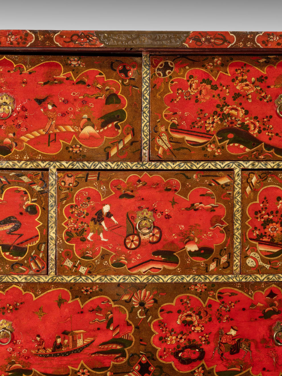 Late 17th Century Scarlet Japanned Cabinet on a later painted stand