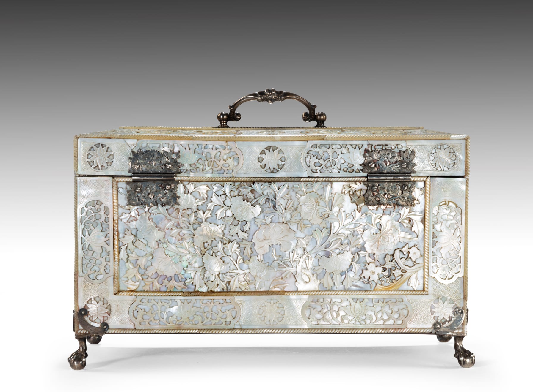 Chinese Export Mother of Pearl and Silver Tea Casket