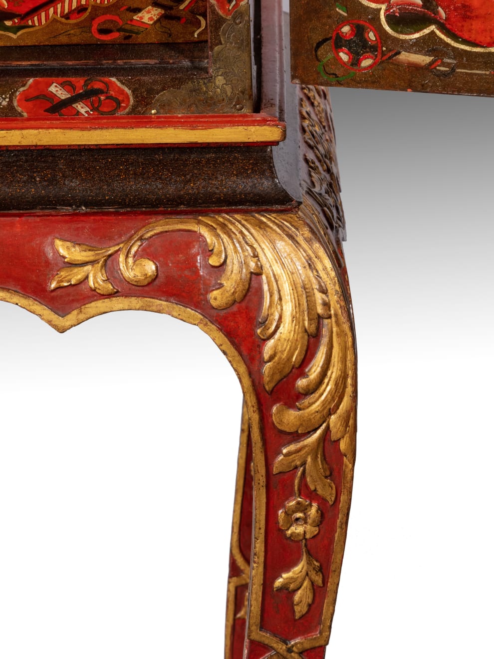 Late 17th Century Scarlet Japanned Cabinet on a later painted stand