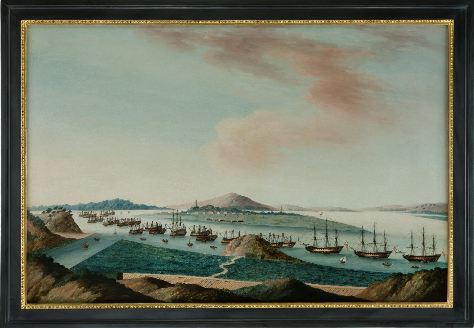 Unknown Chinese Artist, Pair of Chinese Export Paintings: ‘The Whampoa Anchorage on the Pearl River’ and ‘The Hongs of the Canton Waterfront’