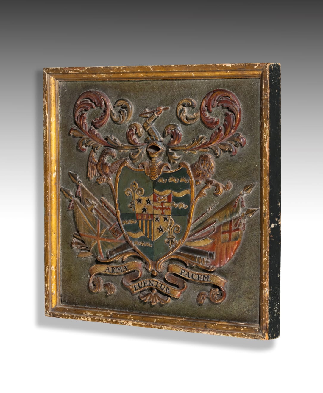 Coulborn antique 18th century carved and polychrome decorated coat of arms Fowke