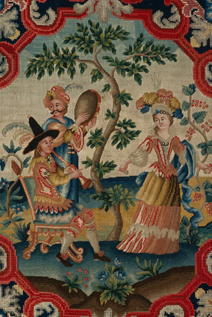 Needlework Picture - Two Musicians Entertaining a Lady