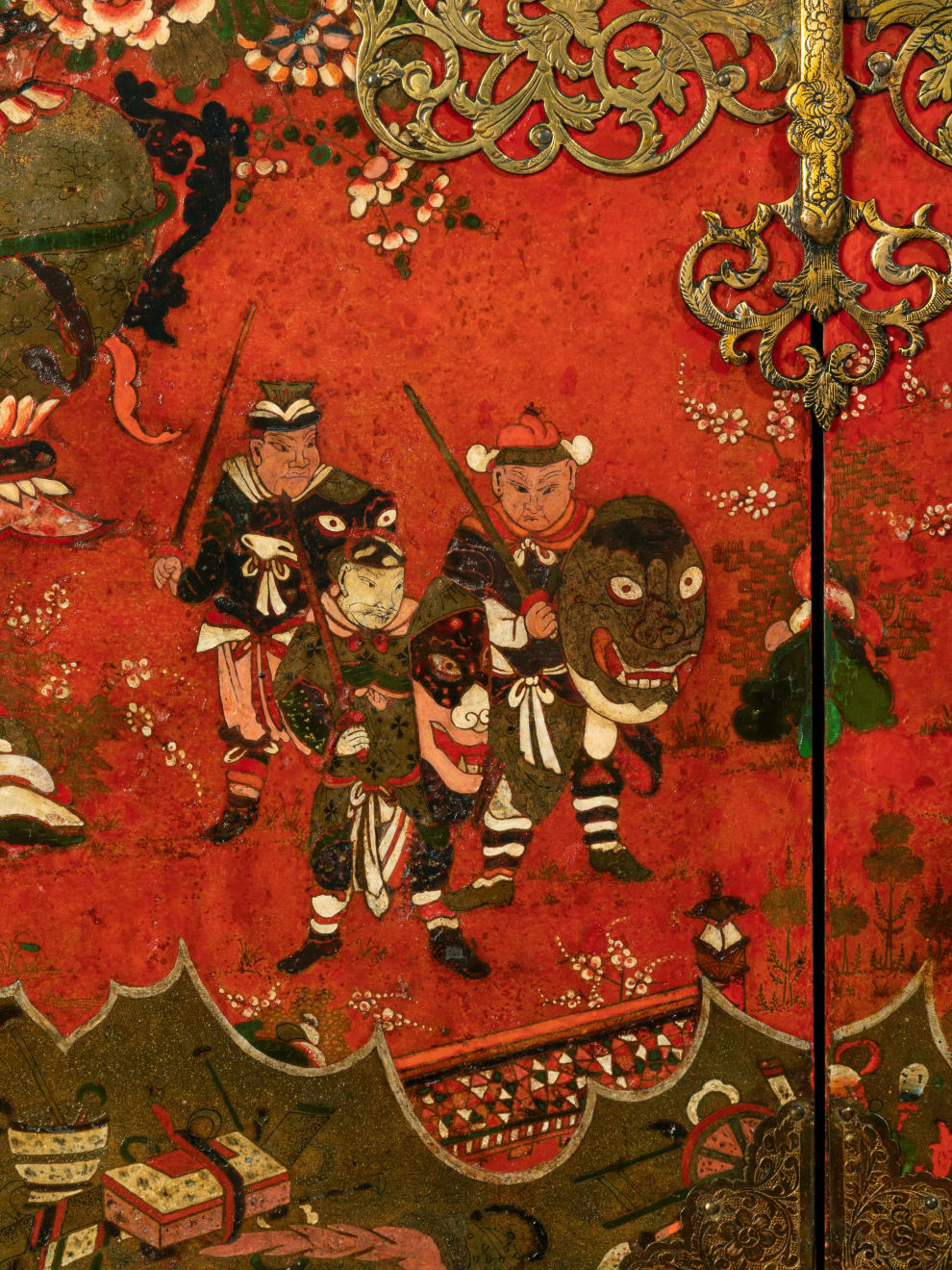 Late 17th Century Scarlet Japanned Cabinet on a later painted stand