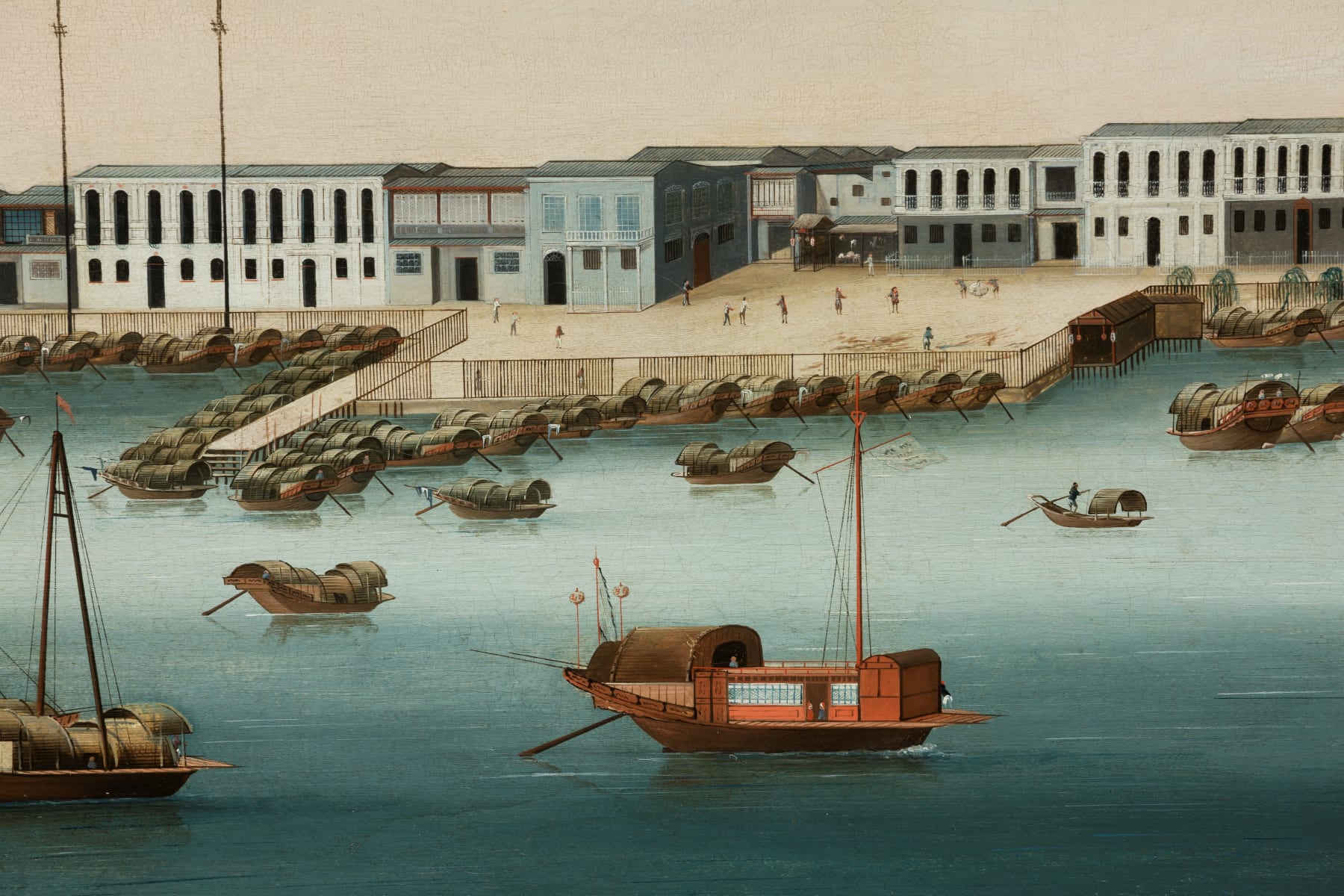 Unknown Chinese Artist, Pair of Chinese Export Paintings: ‘The Whampoa Anchorage on the Pearl River’ and ‘The Hongs of the Canton Waterfront’