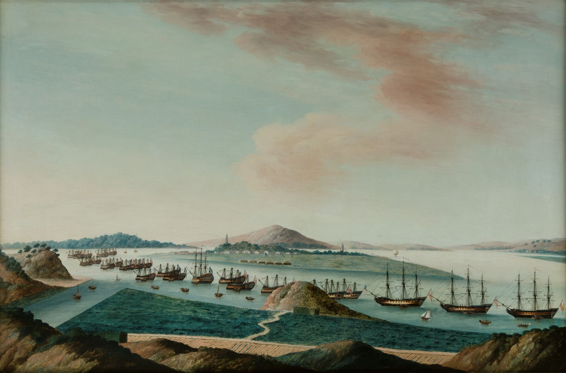 Unknown Chinese Artist, Pair of Chinese Export Paintings: ‘The Whampoa Anchorage on the Pearl River’ and ‘The Hongs of the Canton Waterfront’