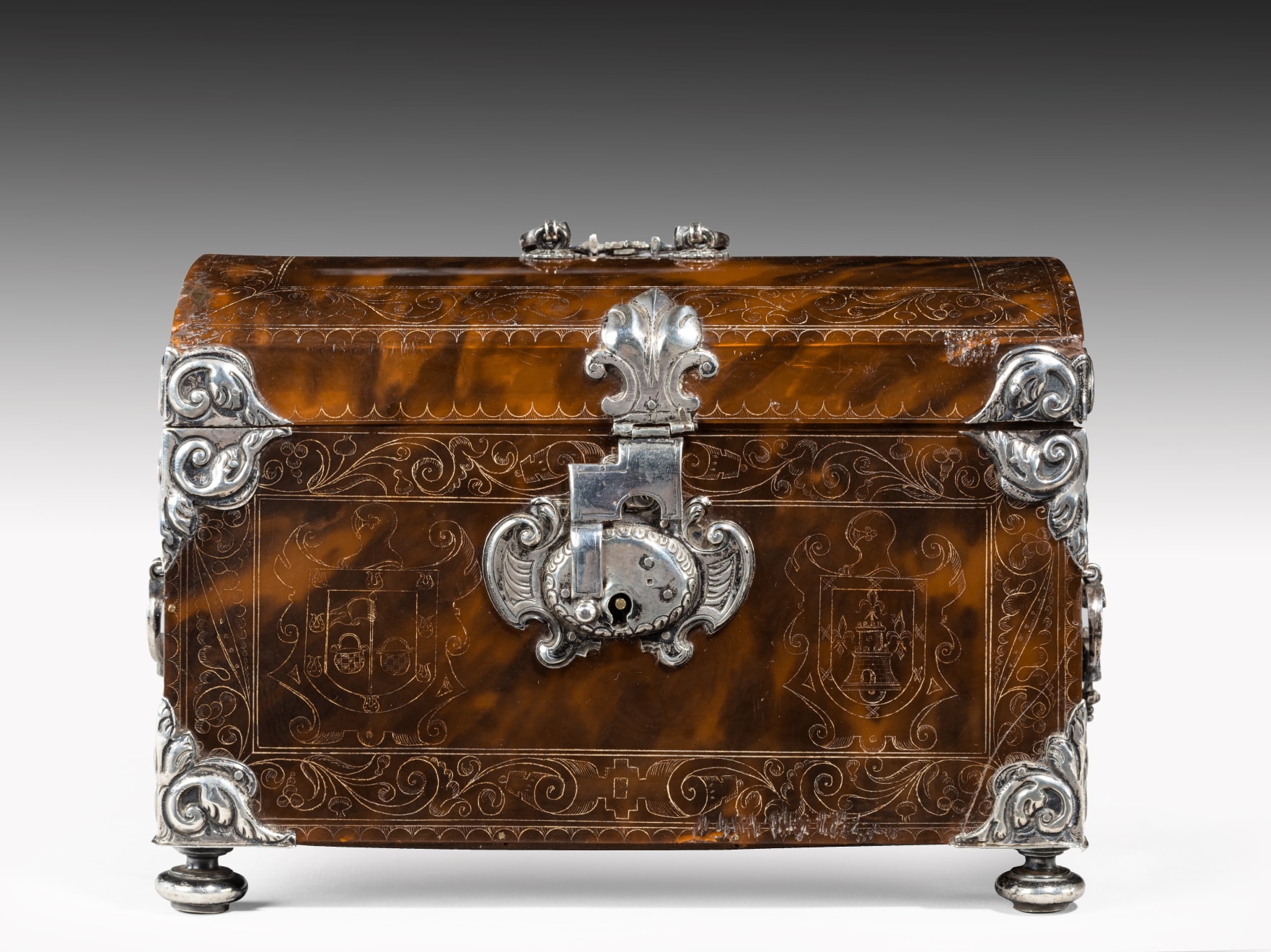 Coulborn antique 17th Century Spanish Colonial Engraved Tortoiseshell Silver Mounted Casket