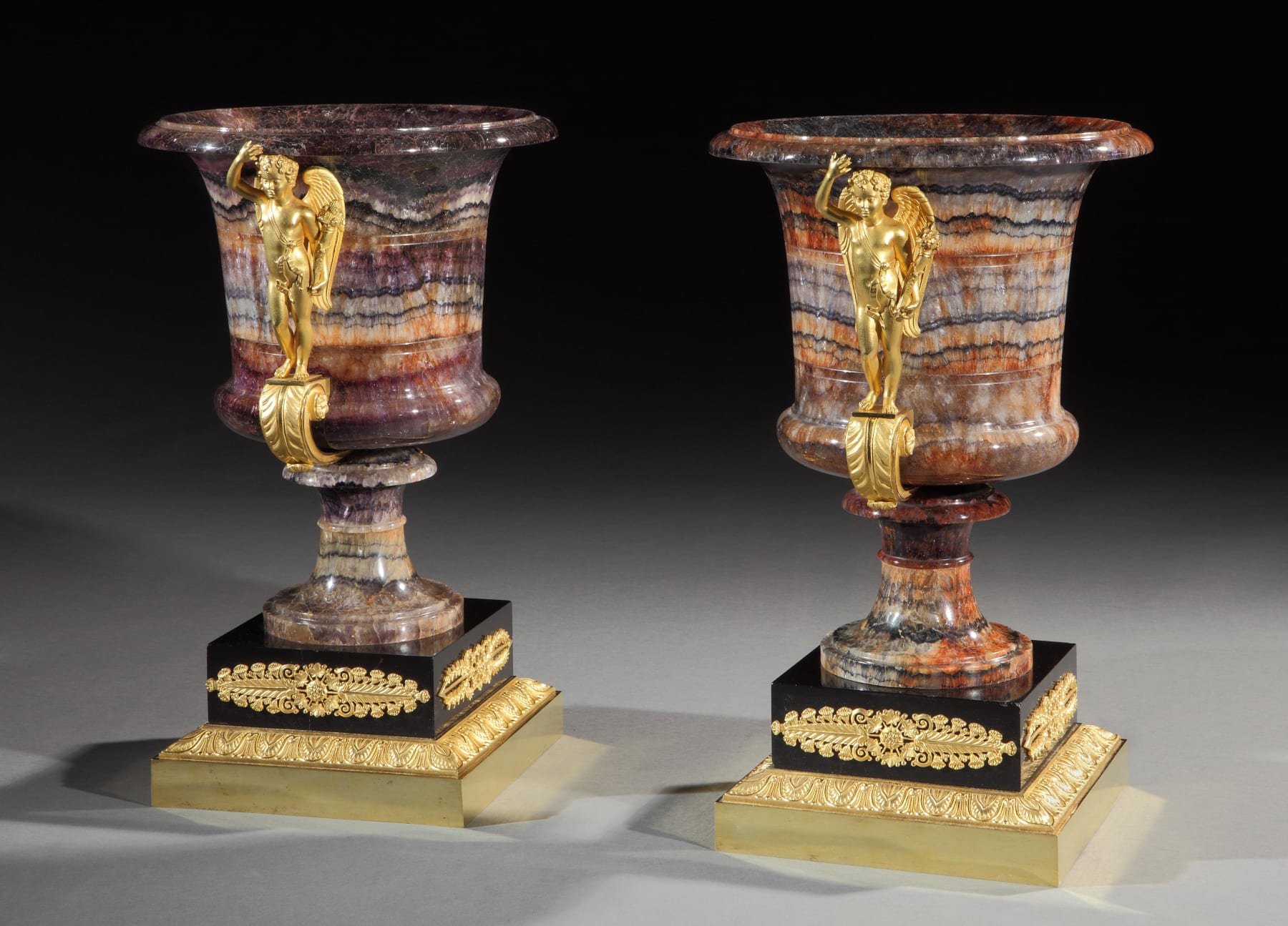 A Pair of Regency Ormolu Mounted Blue John Campana form Urns