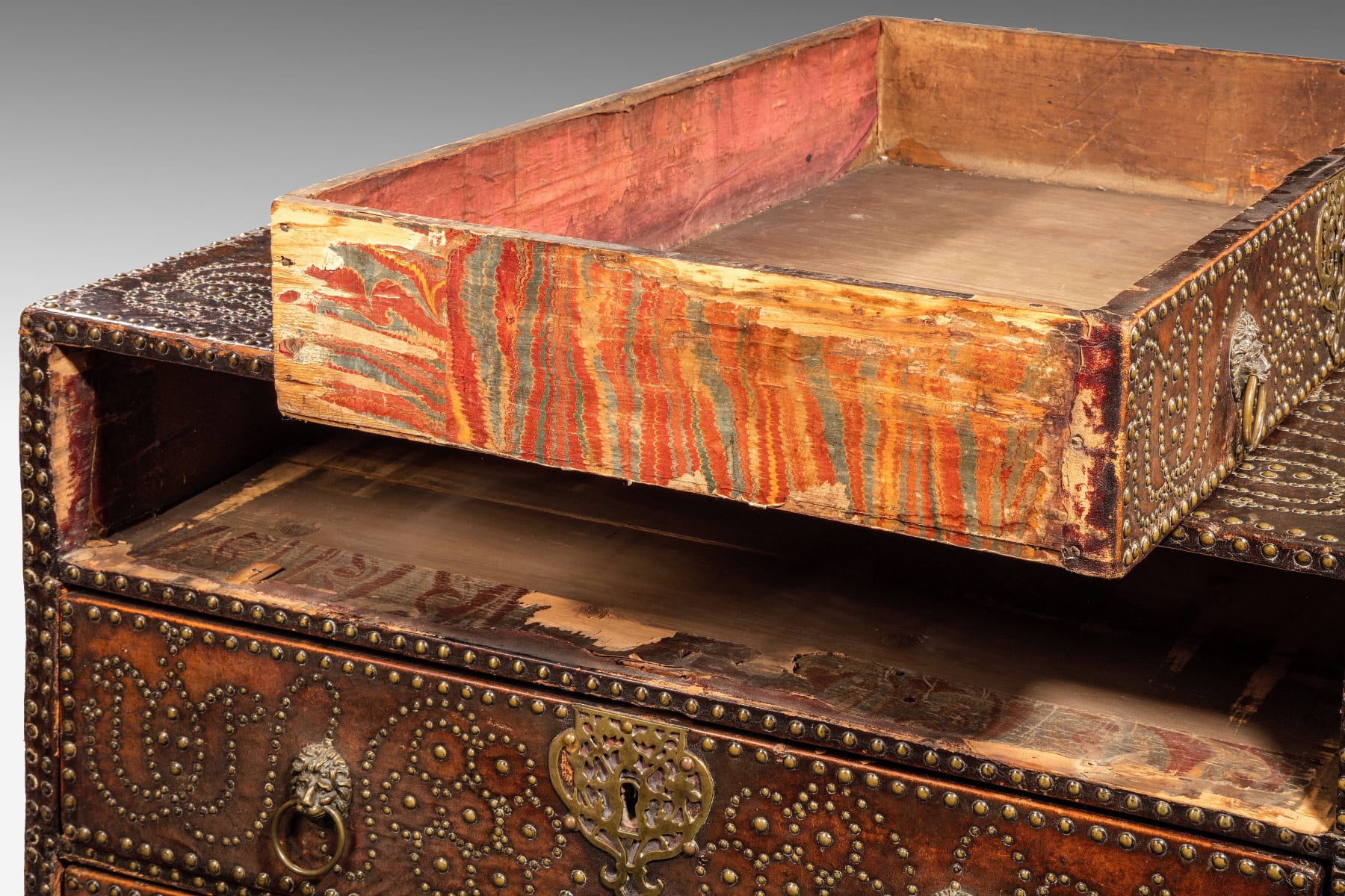 Queen Anne’s Leather Studded Linen Chest Attributed to the workshops of Richard Pigg, Junior or William Johnson