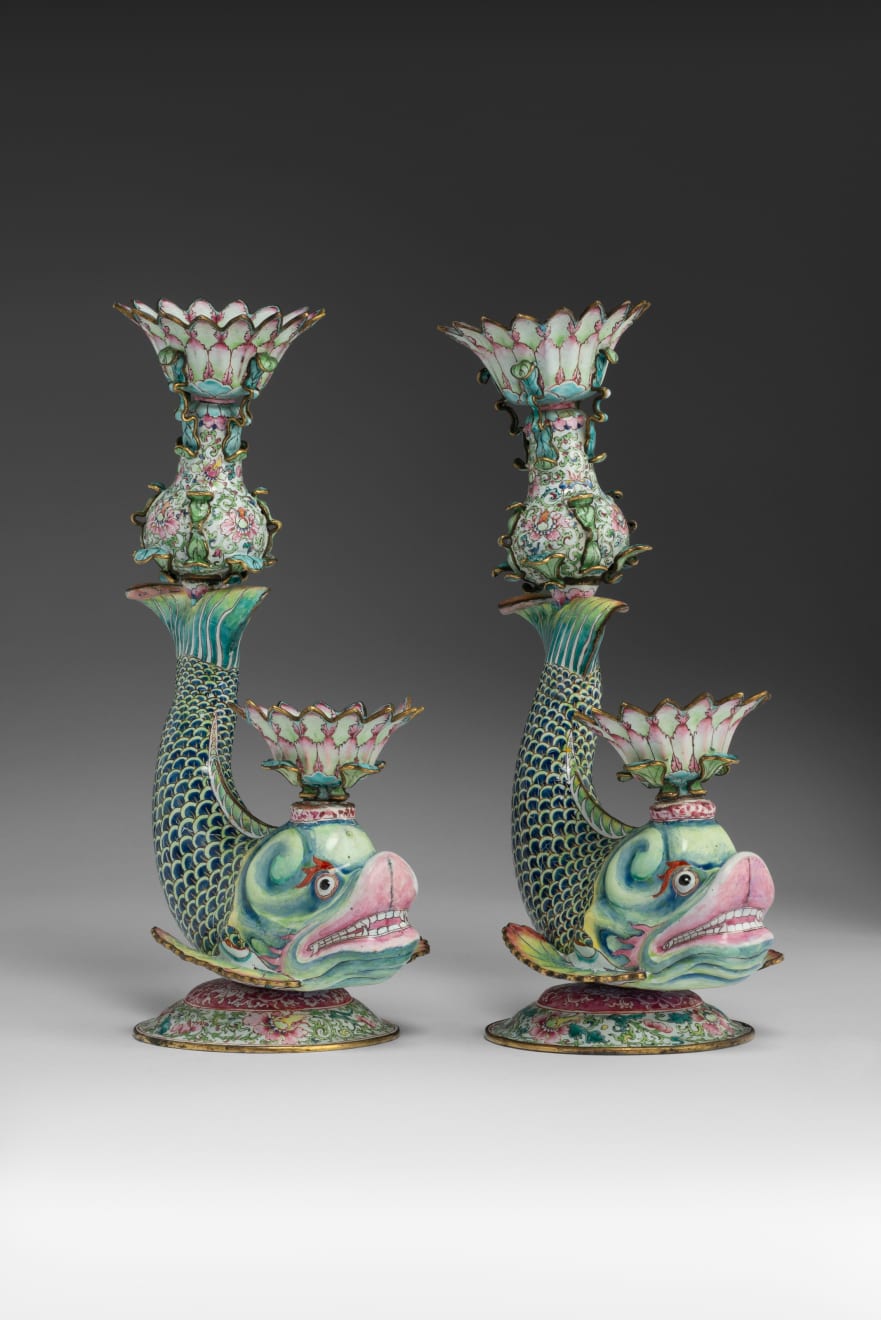 Pair of Chinese Painted Enamel 'Pièces de surtout' in the form of Dolphins