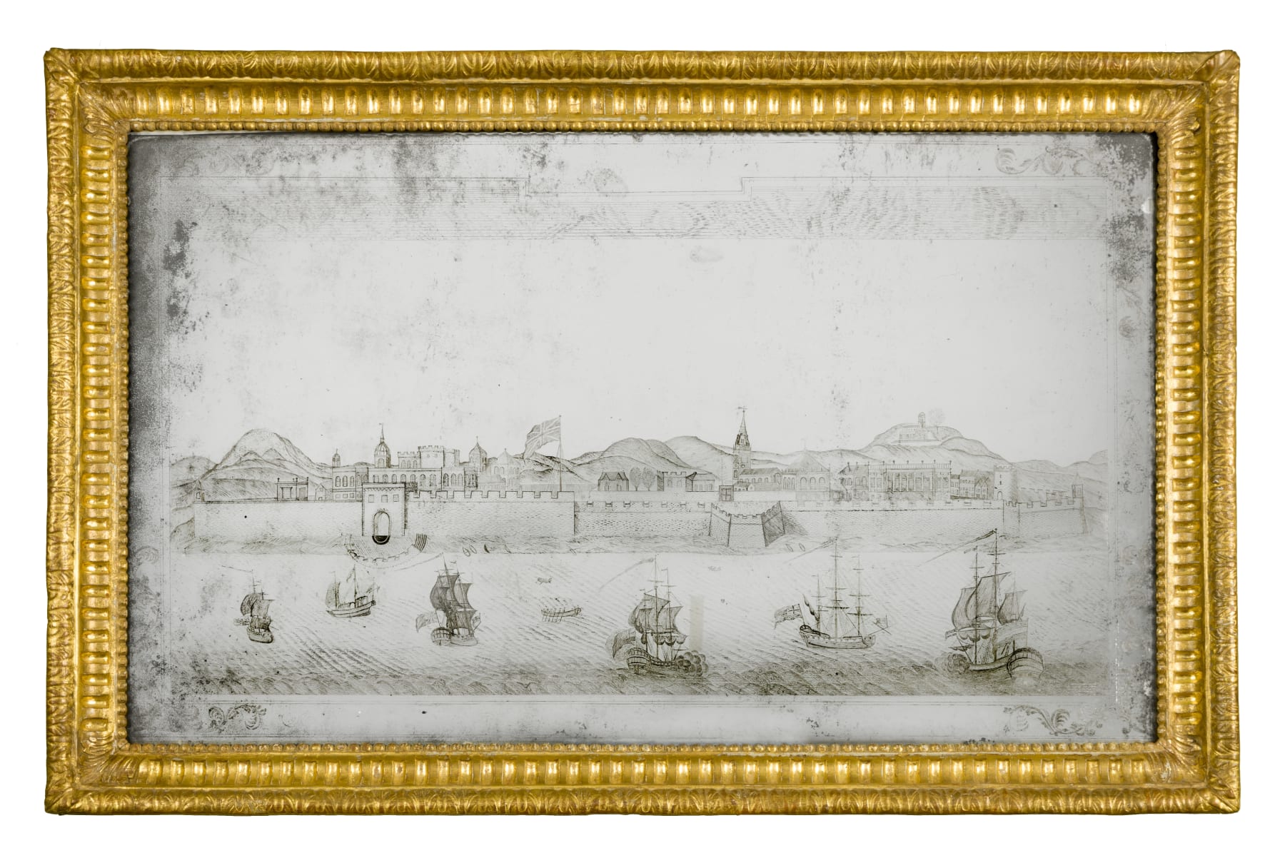 Coulborn antique 18th Century Etched Mirror Picture depicting Fort St. George, Port of Madras, HQ of the East India Company