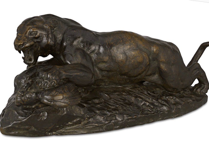 Antoine-Louis Bayre (French, 1795 –1875), Tigre Saissant un Paon