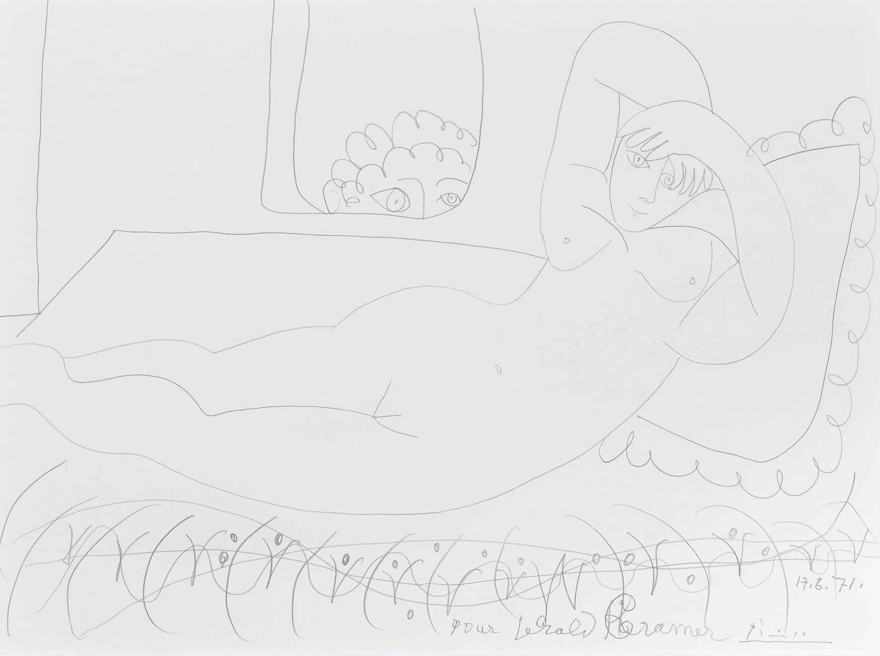 Pablo Picasso, Nude woman lying down with a voyeur, 17 June 1971
