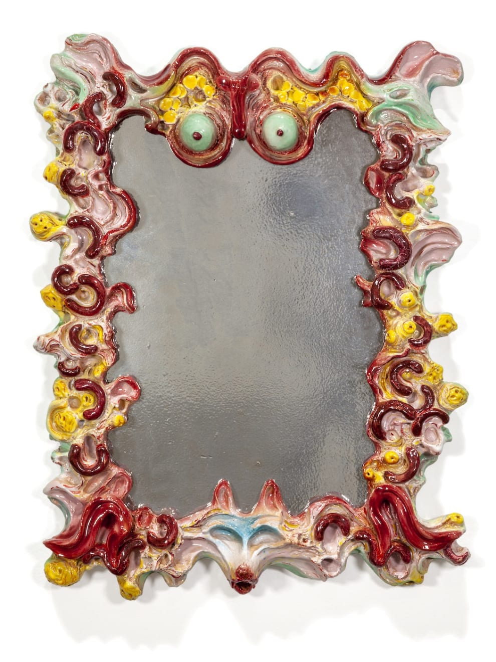Zoe Williams, Capital vice mirror, circa 75x55x8 cm, glazed ceramics Courtesy the Artist, ABC-ARTE, Genova, and Ciaccia Levi Paris-Milan.