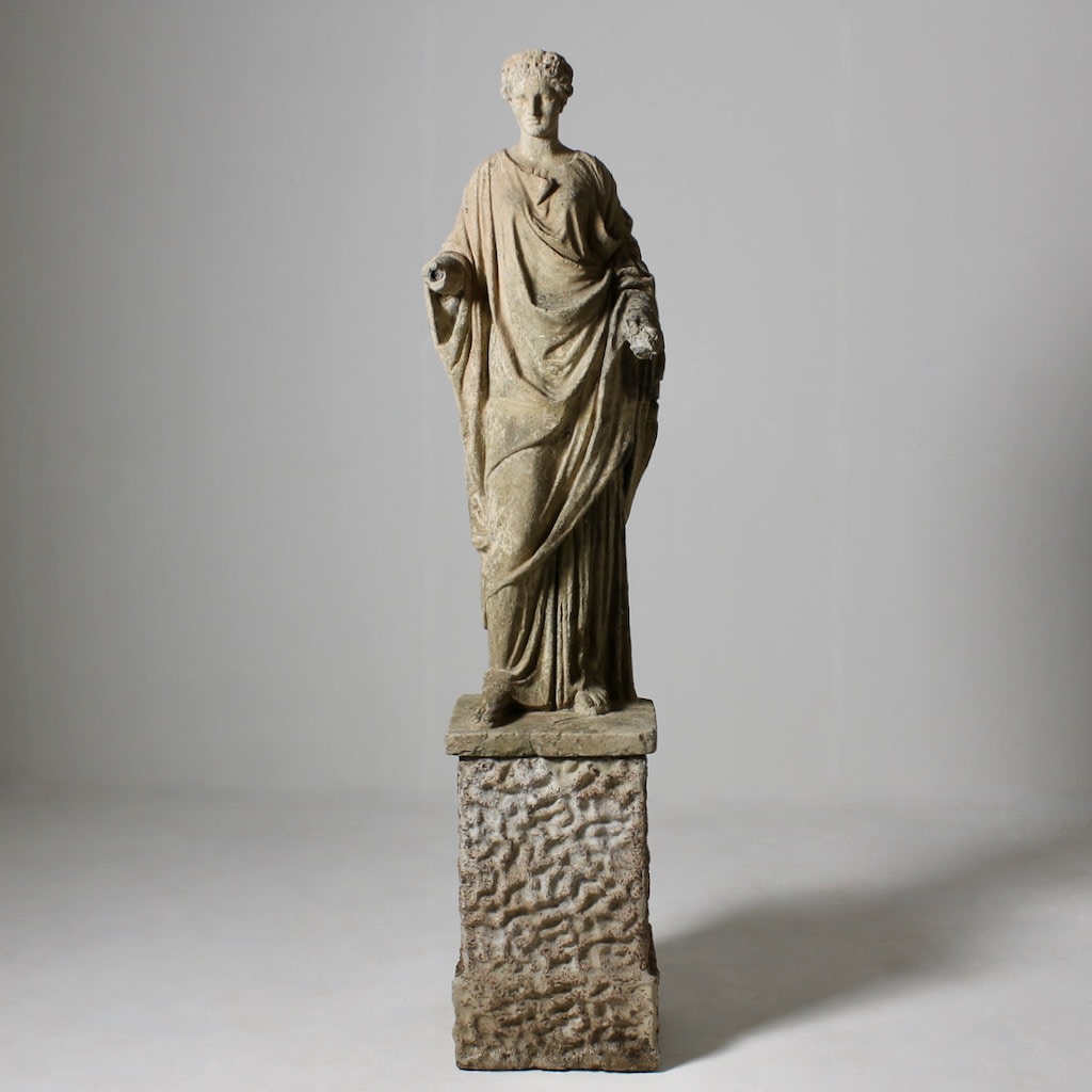 19th Century Composition Stone Garden Figure On Pedestal Of Flora ( sold )