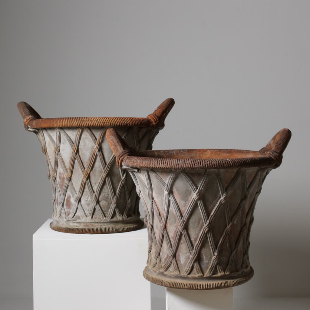 PAIR OF 19TH CENTURY JOHN MATHEWS ROYAL POTTERY TERRACOTTA GARDEN URNS ( sold )