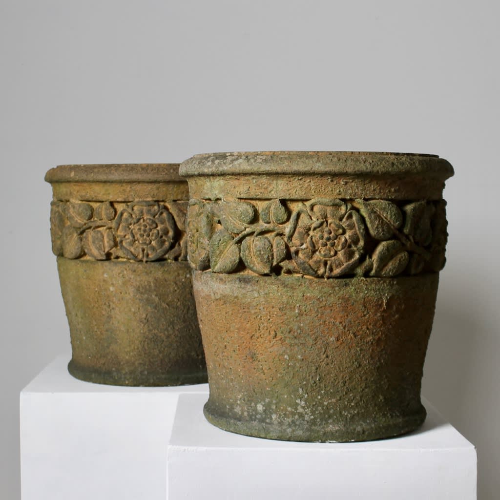 PAIR LIBERTY & CO TERRACOTTA 'HADDON' GARDEN URNS ( sold )