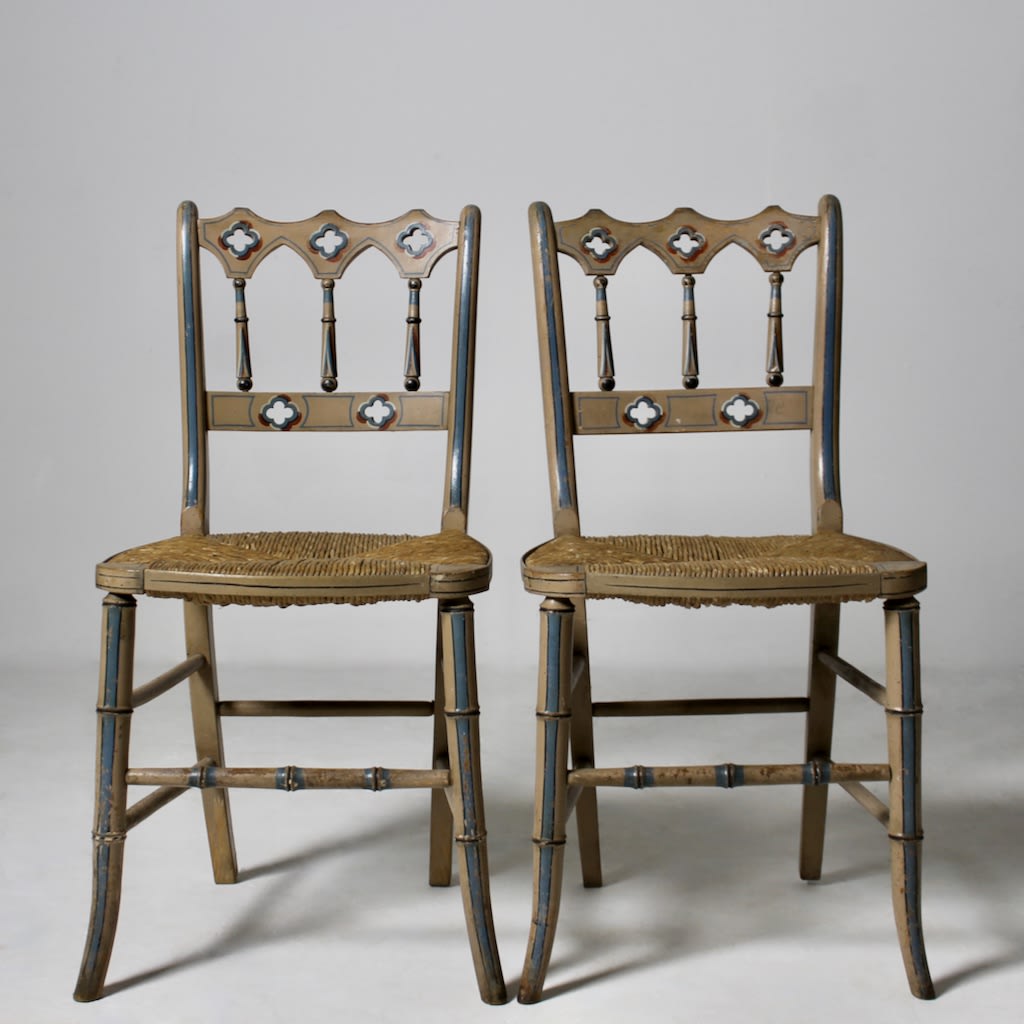 Pair Of 19th Century Original Painted Gothic Side Chairs ( sold )