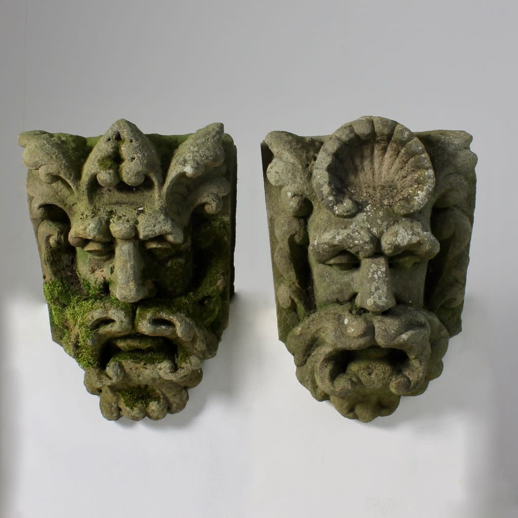 Pair Of Large 19th Century Carved Stone Keystones ( sold )