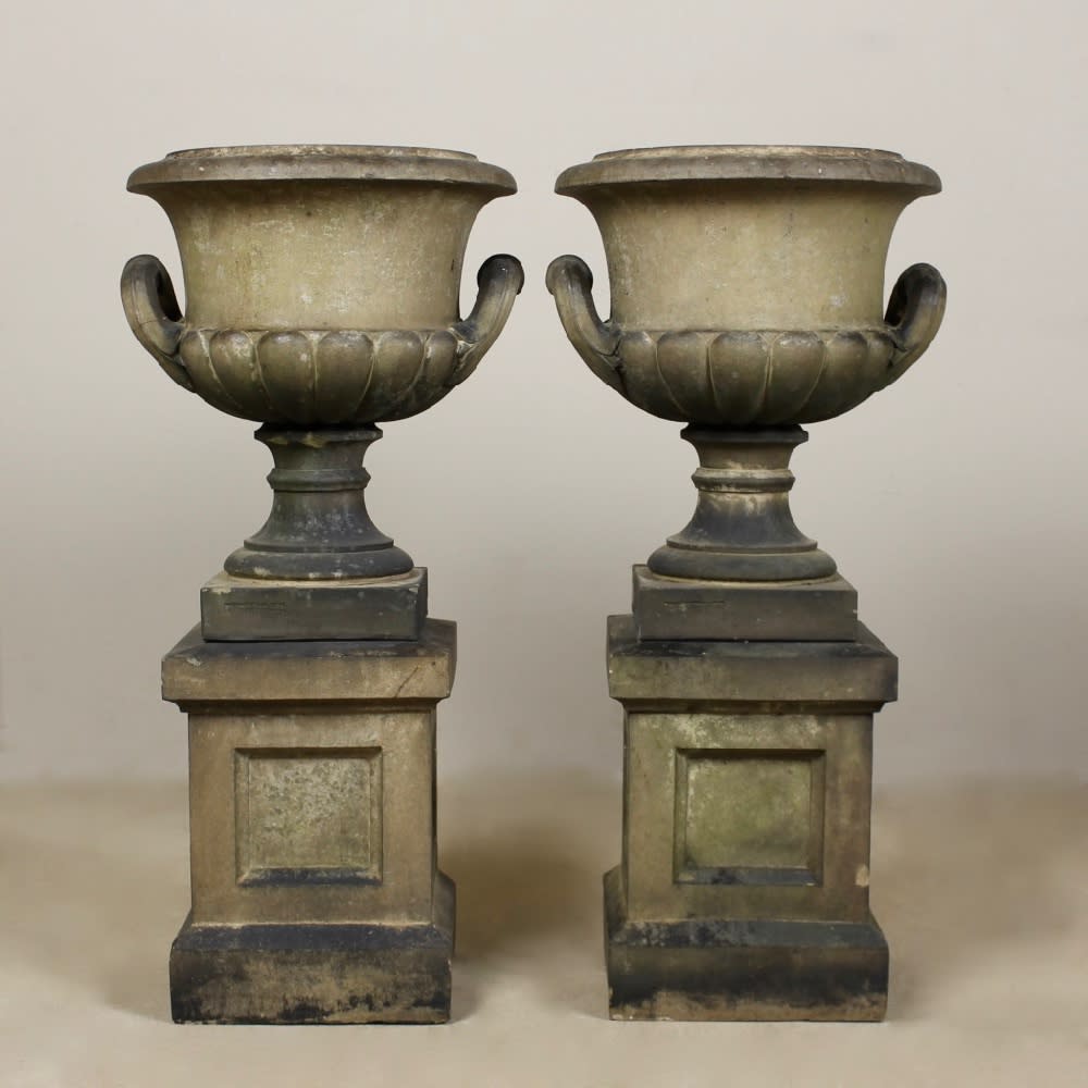 Rare Pair Of Pulhams Inverness Urns On Pedestals ( sold )