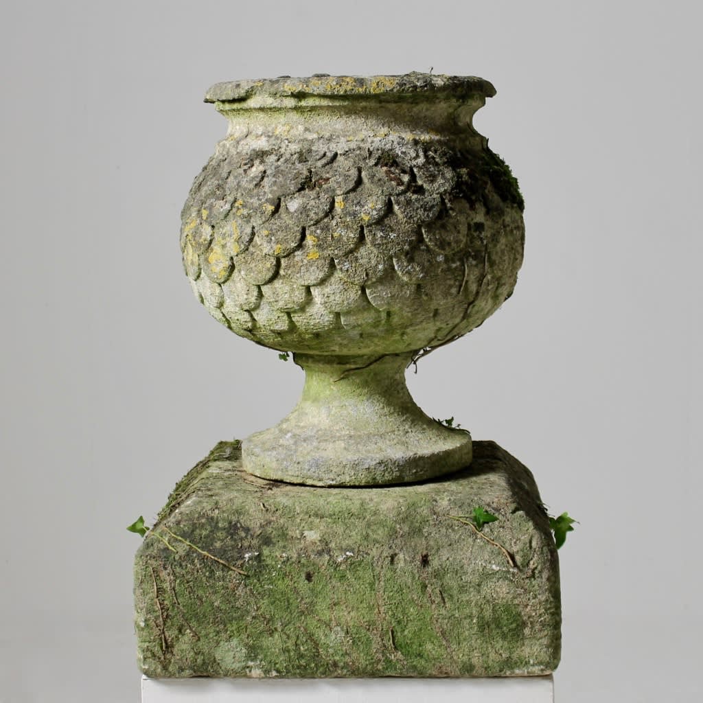 18th Century Carved Cotswold Stone Urn On Pedestal ( sold )