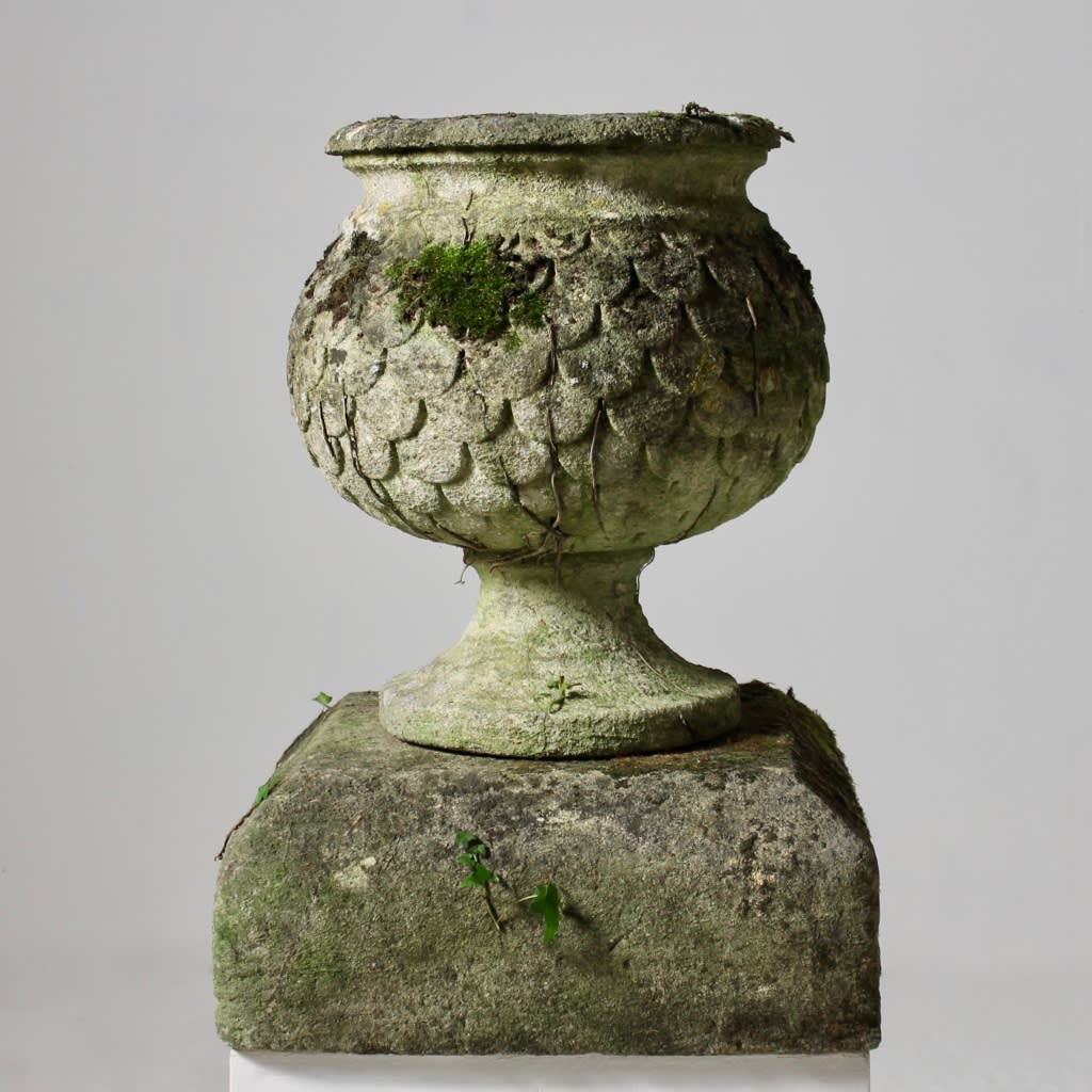 18th Century Carved Cotswold Stone Urn On Pedestal ( sold )