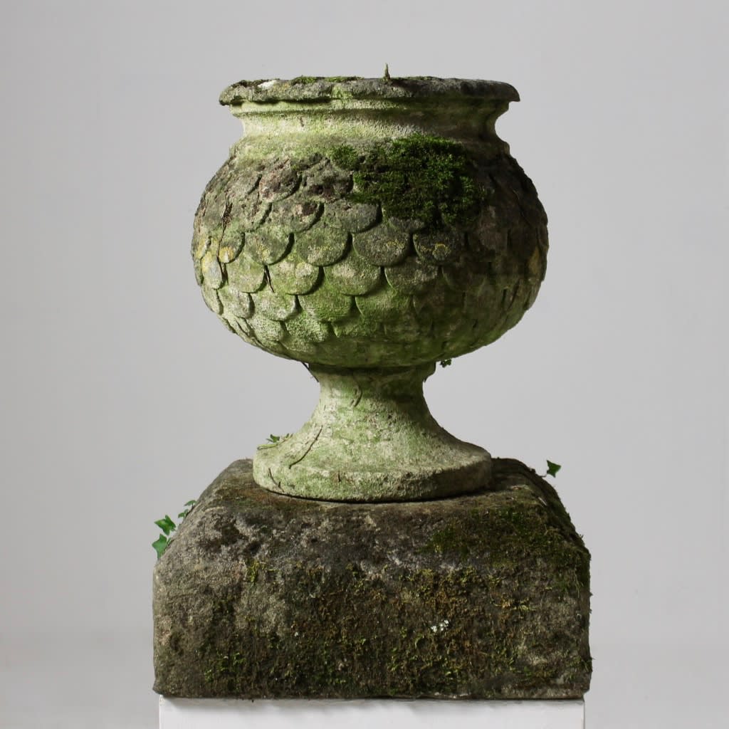 18th Century Carved Cotswold Stone Urn On Pedestal ( sold )