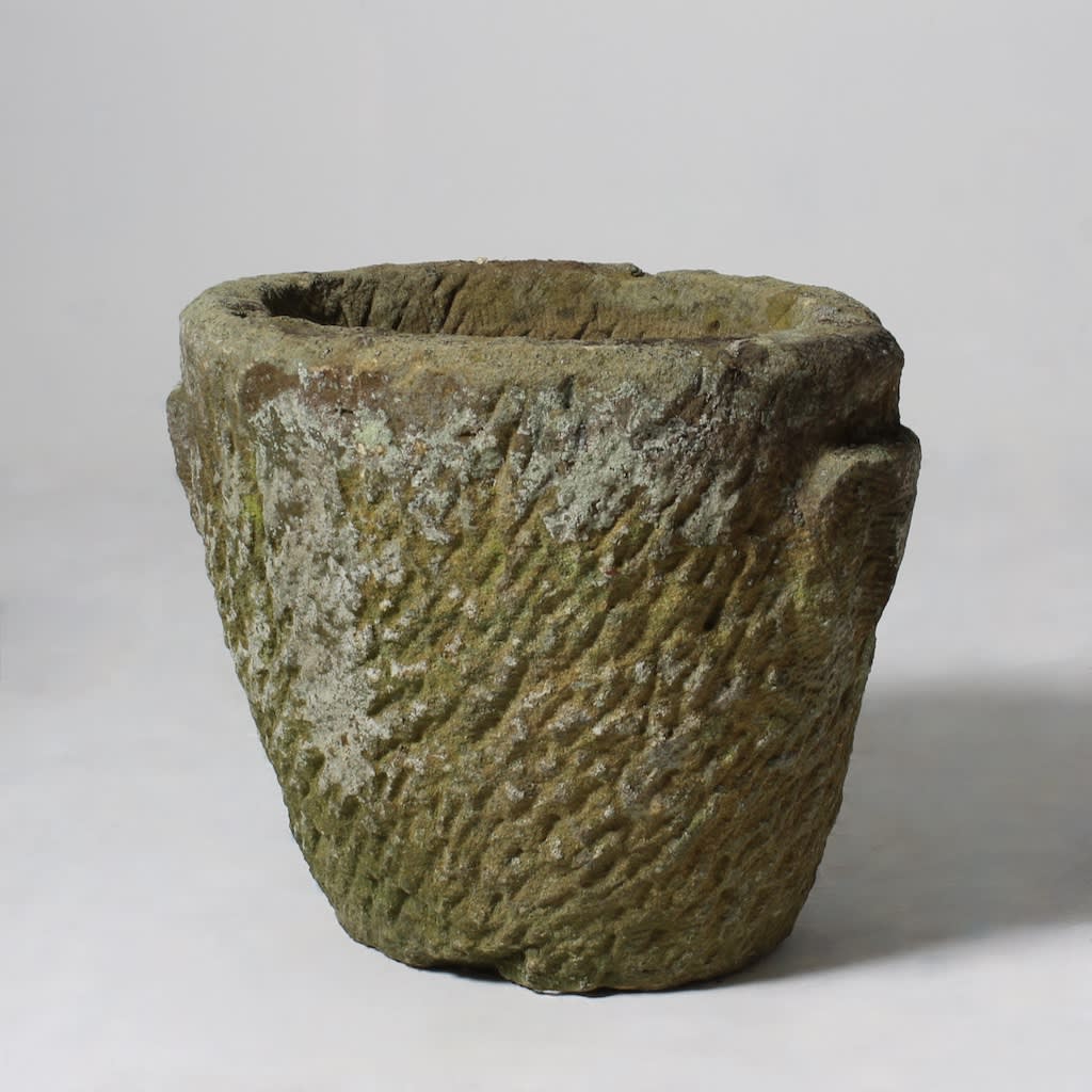 Pair Of 19th Century Rustic Carved Stone Garden Urns ( sold )